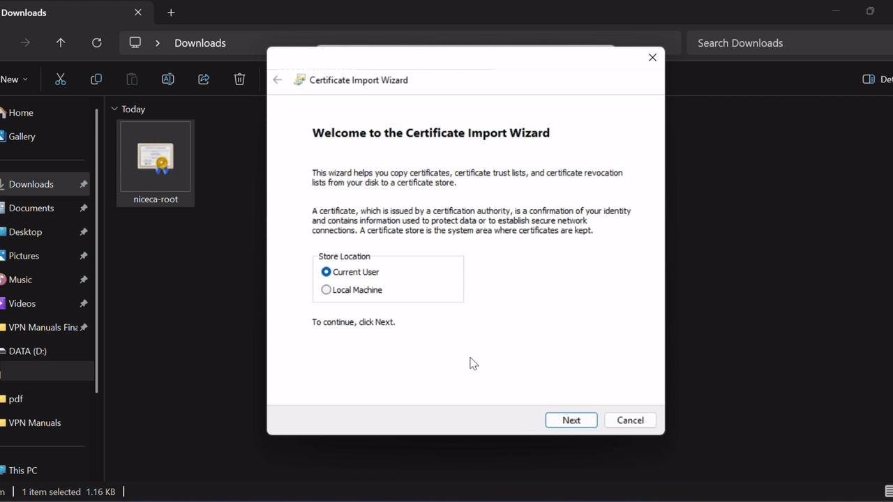 Screenshot of the Certificate Import Wizard Welcome screen with 'Next' highlighted.